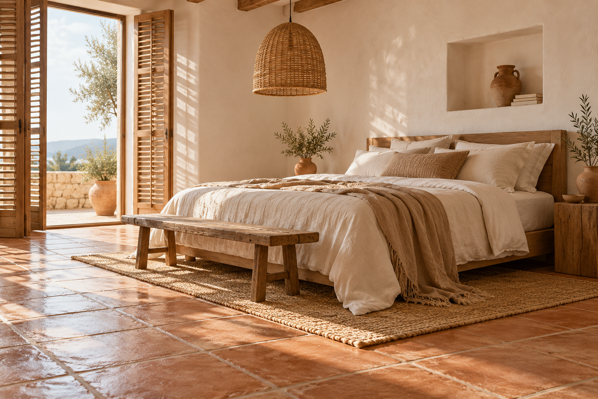 Chambre méditerranéenne lumineuse avec sol effet terre cuite
