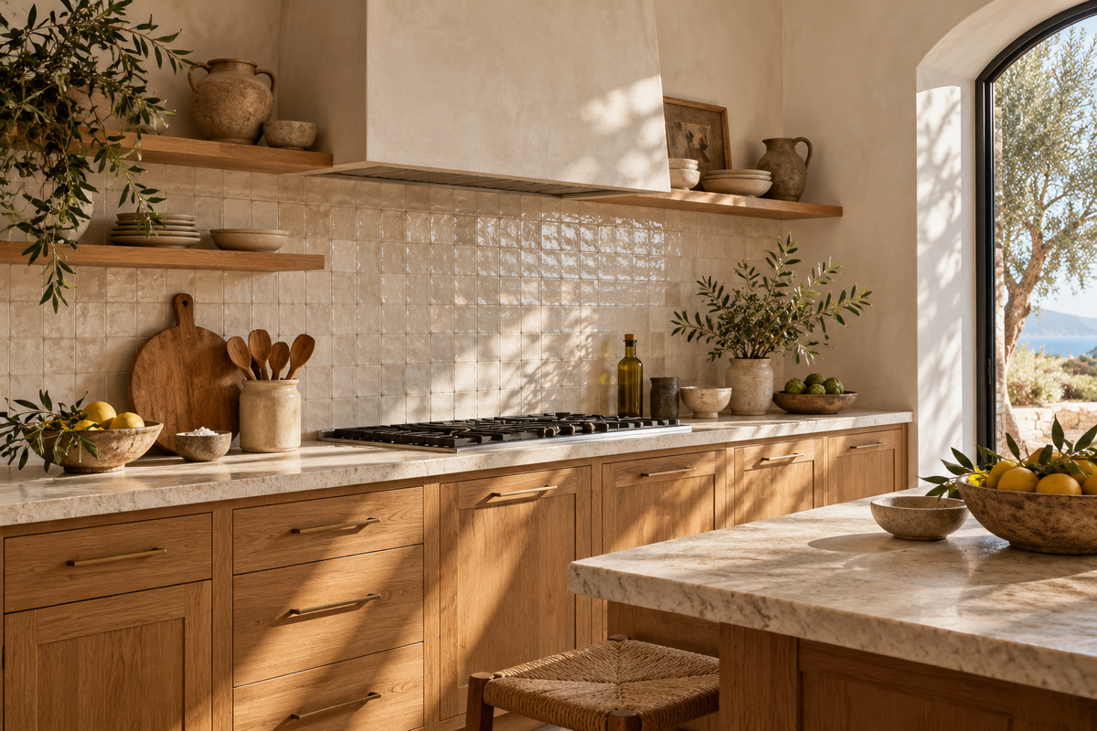 Cuisine méditerranéenne avec crédence crème texturée et meubles en bois