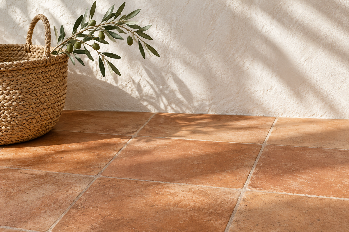 Carrelage effet terre cuite aux nuances chaudes près d’un mur blanc