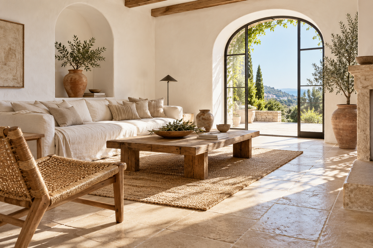 Salle de bains méditerranéenne avec carrelage effet travertin beige