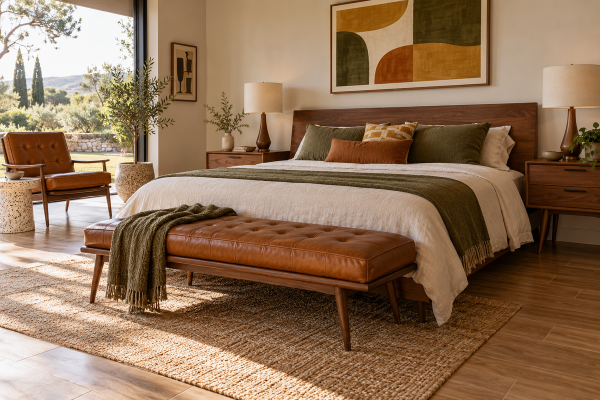 Chambre mid-century avec sol effet bois