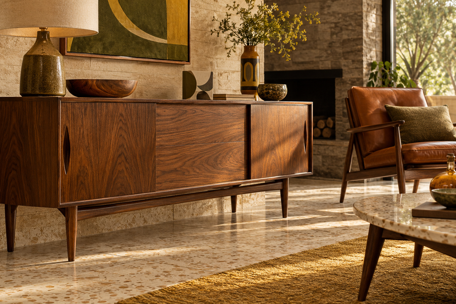 Meuble en noyer dans un intérieur mid-century