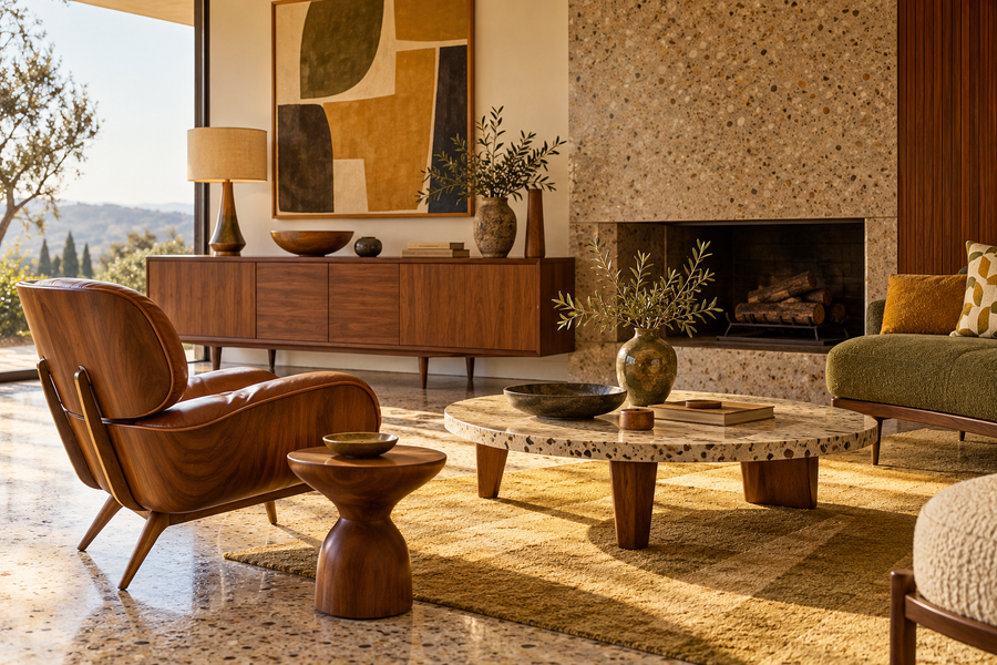 Mobilier aux lignes mid-century dans un salon lumineux