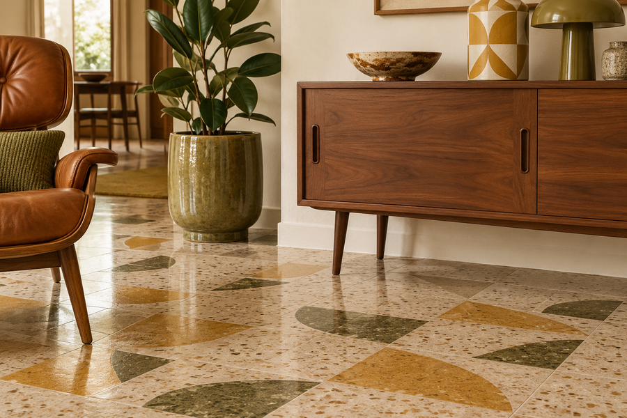Carrelage géométrique dans un décor mid-century