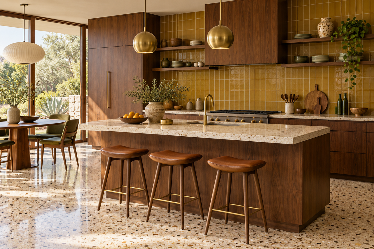 Cuisine mid-century avec sol effet terrazzo
