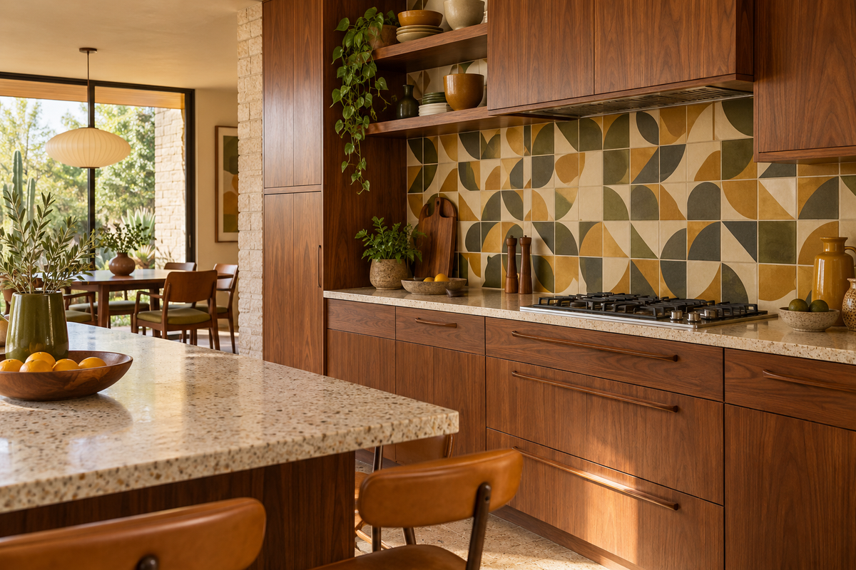 Carrelage à motif géométrique dans une cuisine mid-century