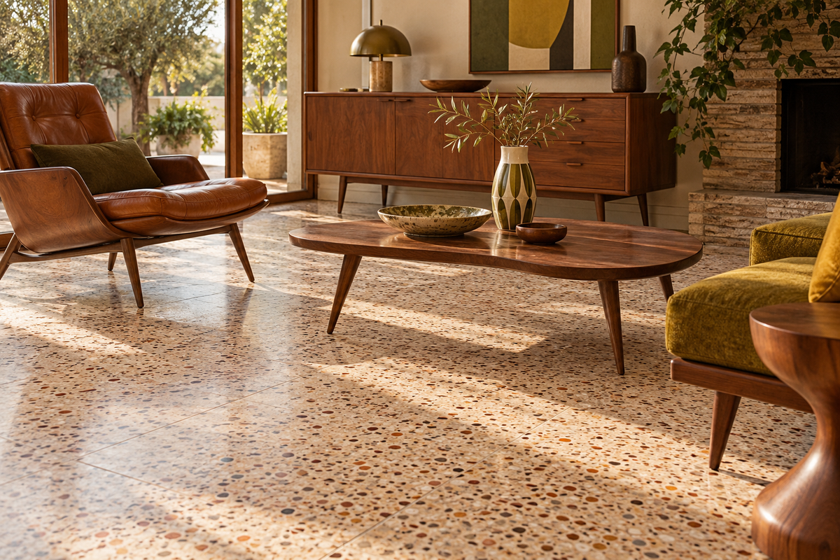 Sol effet terrazzo dans un intérieur mid-century