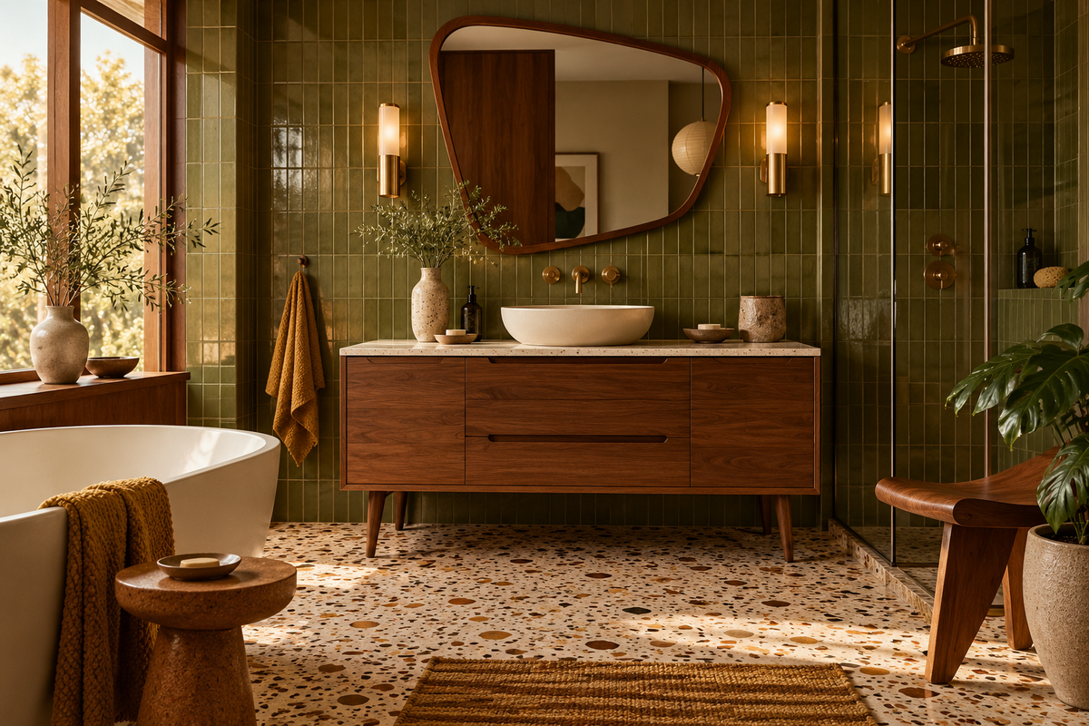 Salle de bains mid-century avec vert olive et terrazzo
