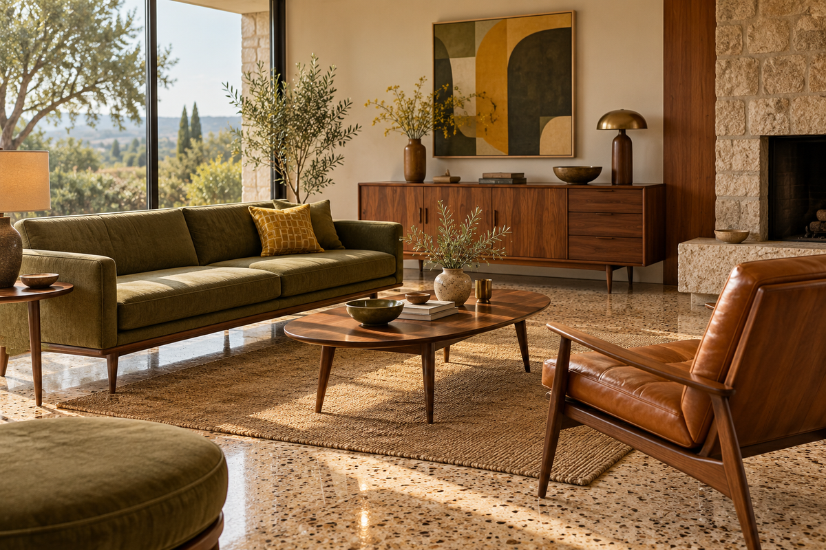 Salon mid-century avec mobilier en noyer