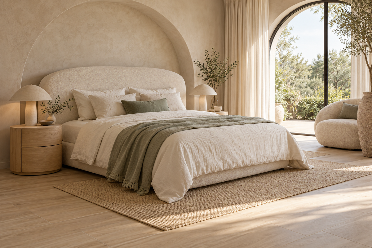 Chambre organique avec tête de lit courbe, linge clair et sol effet bois