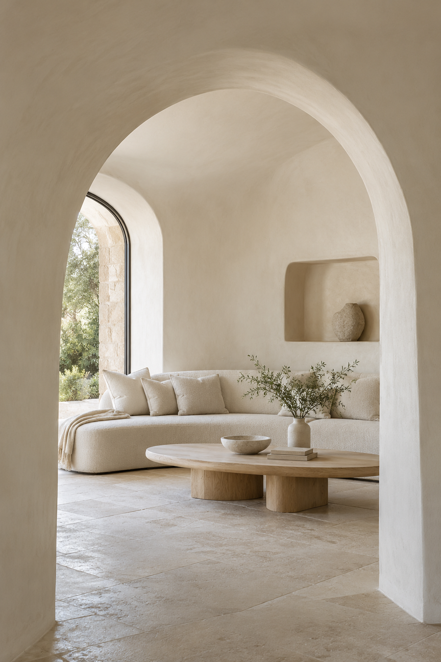 Canapé courbe et ouverture arrondie dans un intérieur organique