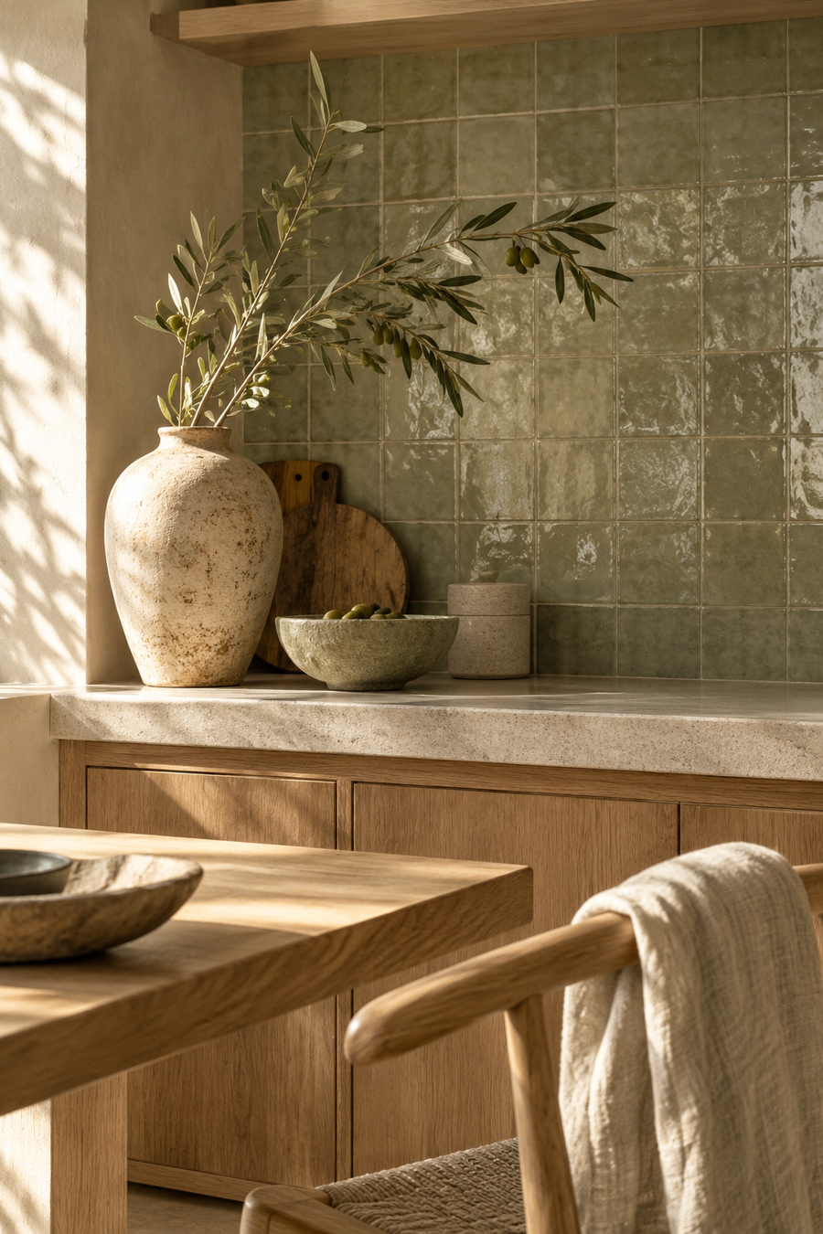 Bois clair, lin et céramique vert sauge dans un intérieur organique