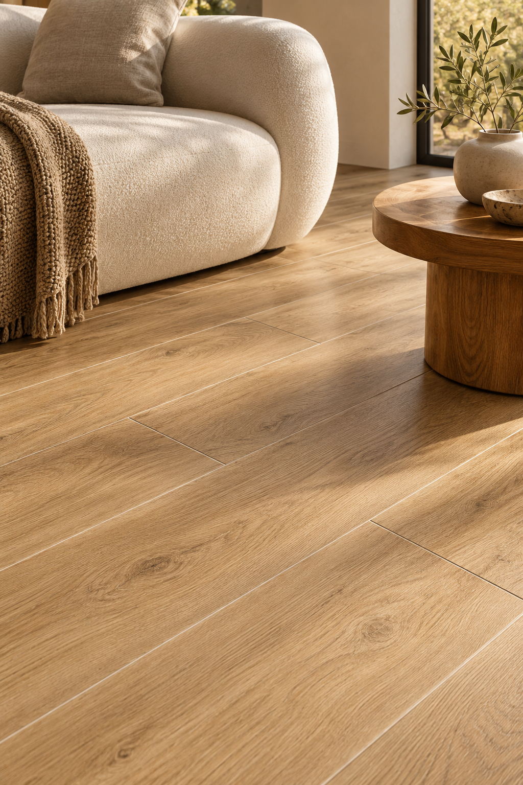 Carrelage effet chêne clair auprès d’un canapé courbe