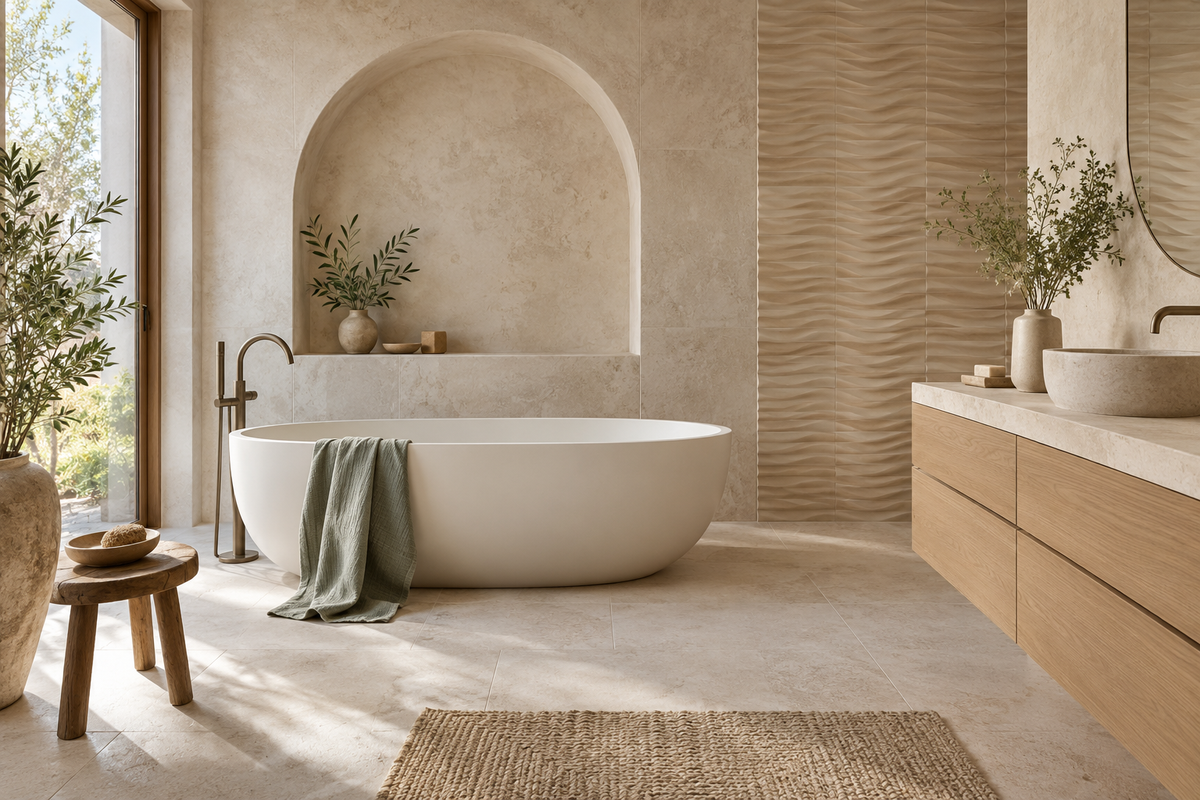Salle de bains organique avec baignoire ovale, pierre claire et mur ondulé