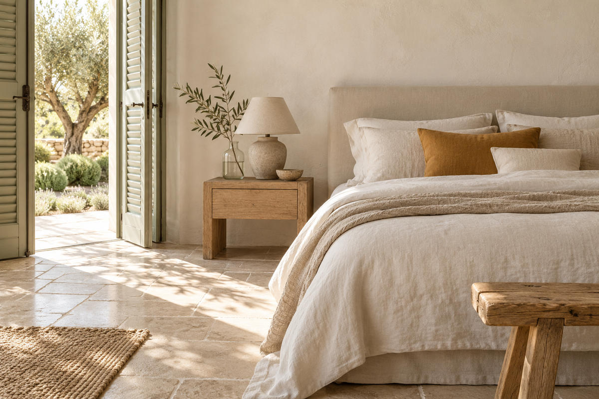 Chambre provençale contemporaine aux tons chaux et pierre