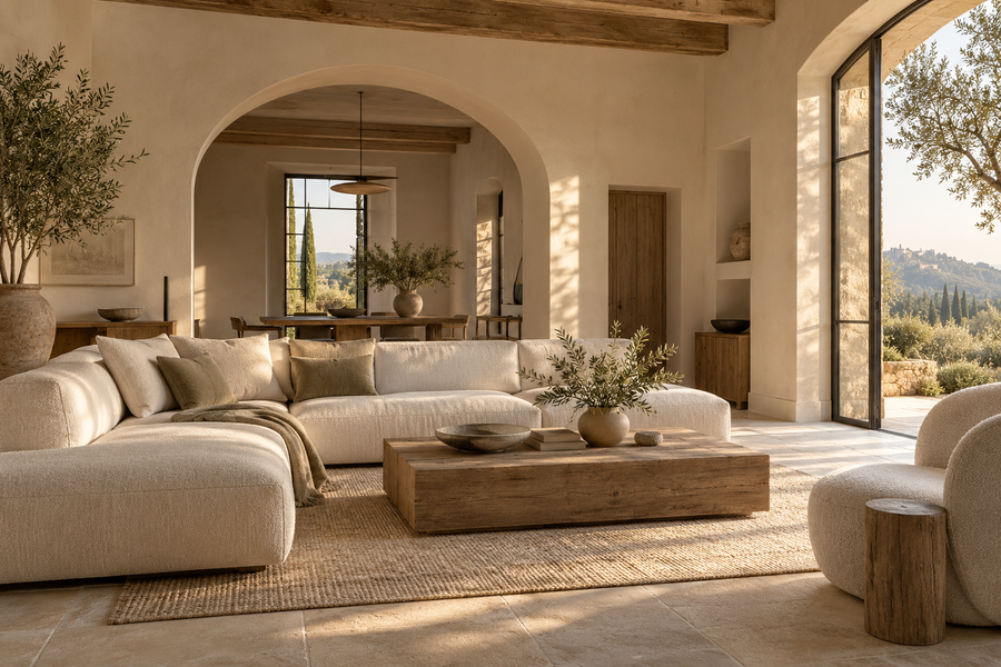 Lignes épurées et matières naturelles dans un salon provençal contemporain