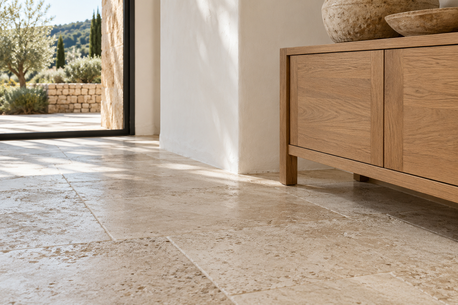 Sol effet pierre beige dans une maison provençale contemporaine