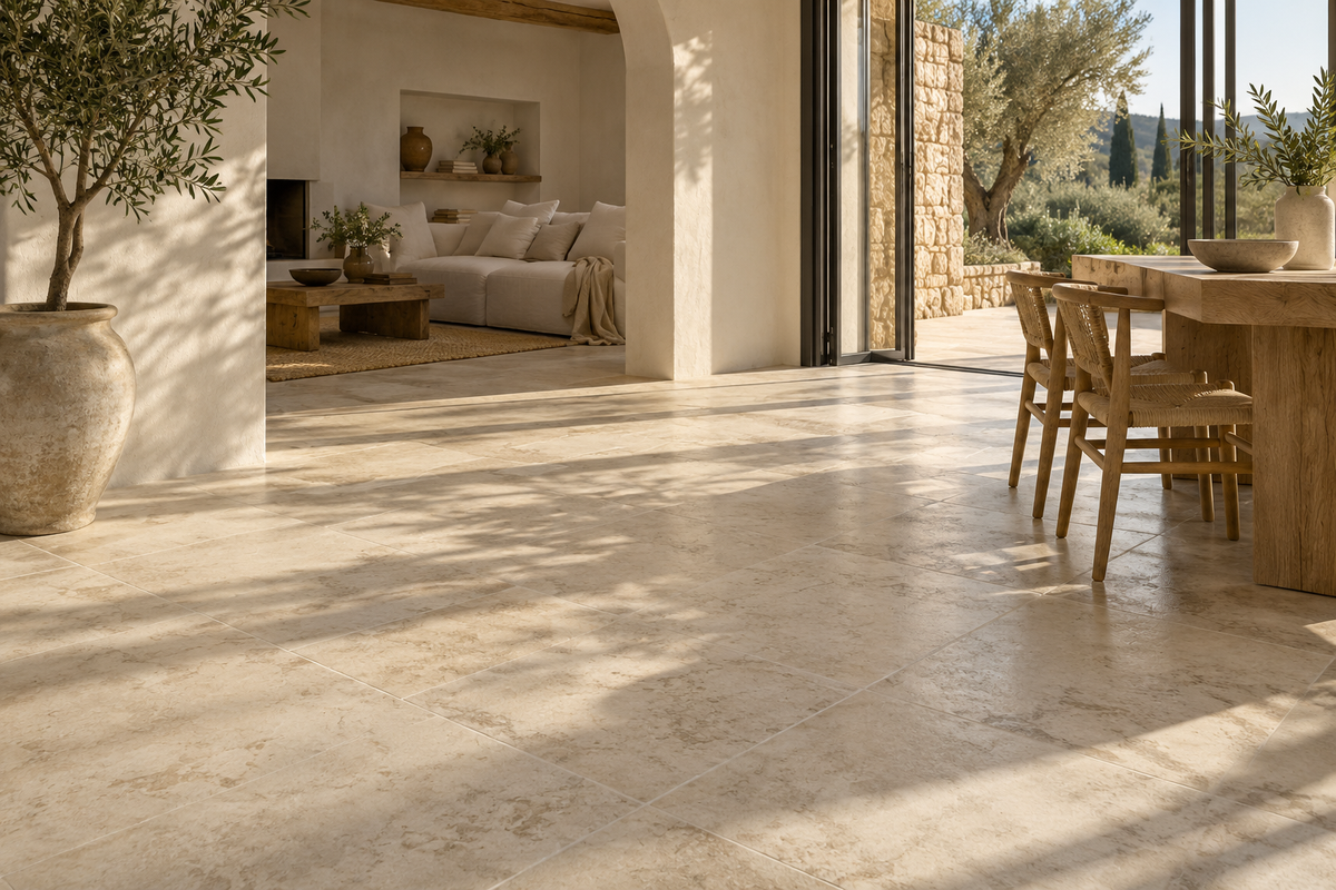 Sol effet pierre claire dans un intérieur provençal contemporain