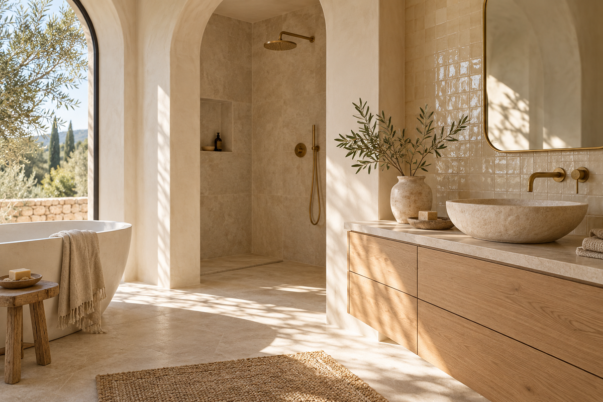 Salle de bains provençale contemporaine avec pierre et zellige sable