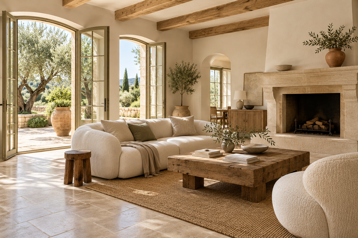 Salon provençal contemporain avec sol effet pierre et mobilier épuré