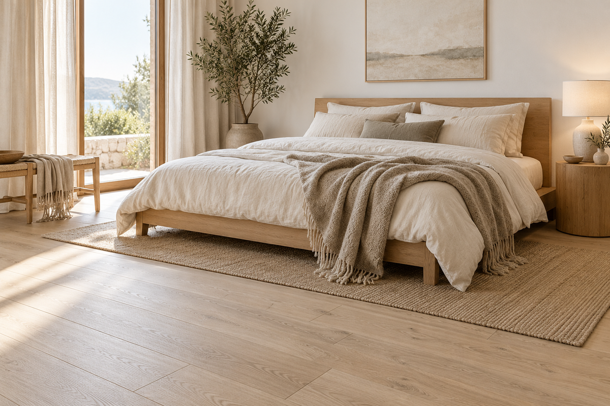 Chambre scandinave avec sol effet bois blond et linge de lit naturel