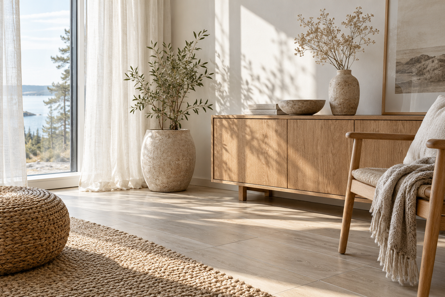 Salon scandinave lumineux aux murs blancs et aux matières naturelles