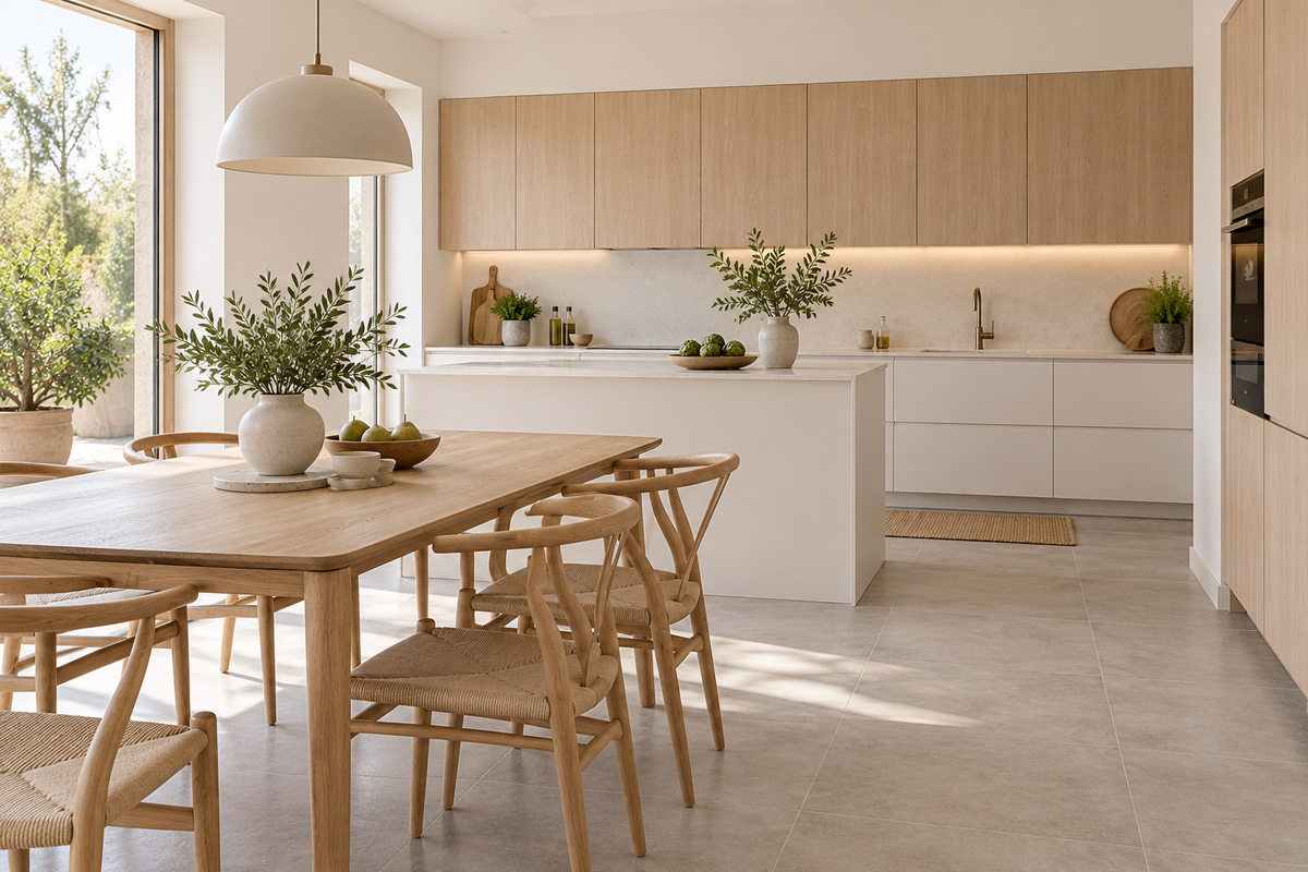 Cuisine scandinave avec sol minéral clair, bois blond et façades blanches