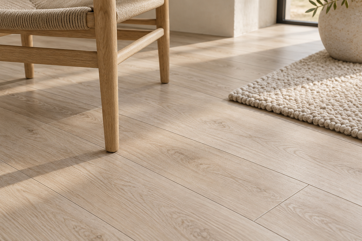 Carrelage effet parquet en chêne clair dans un intérieur scandinave