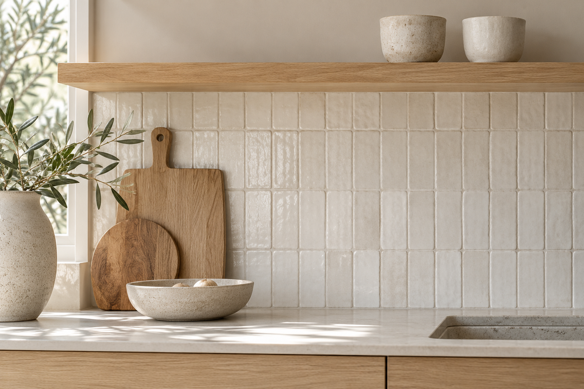 Faïence blanche en relief dans une cuisine scandinave