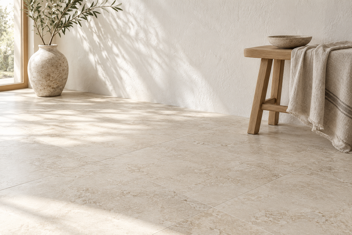 Carrelage effet pierre ivoire dans une pièce scandinave lumineuse