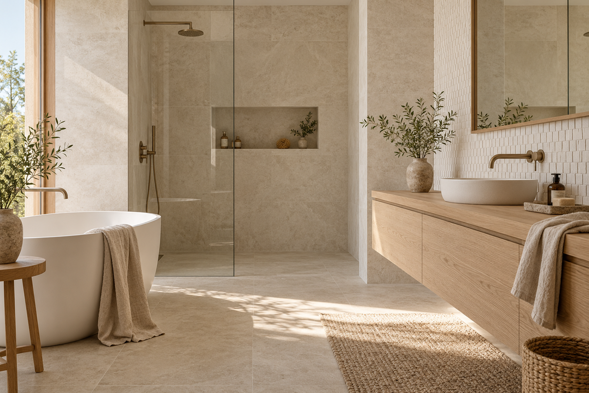 Salle de bains scandinave avec carrelage ivoire et meuble en bois clair