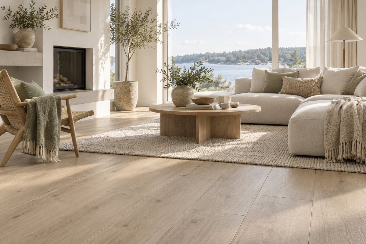 Salon scandinave lumineux avec sol effet chêne clair et canapé en lin