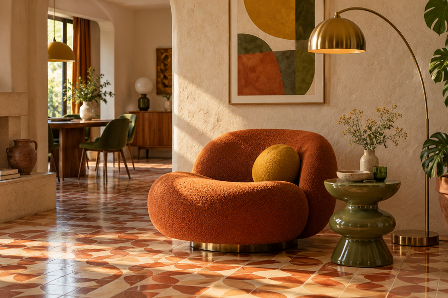 Mobilier aux formes arrondies dans un salon vintage