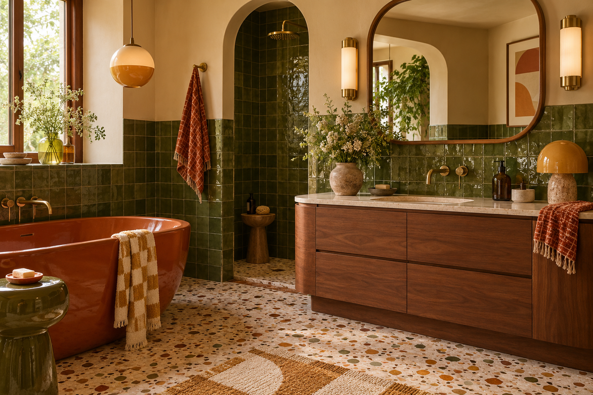 Salle de bains rétro avec vert et terrazzo
