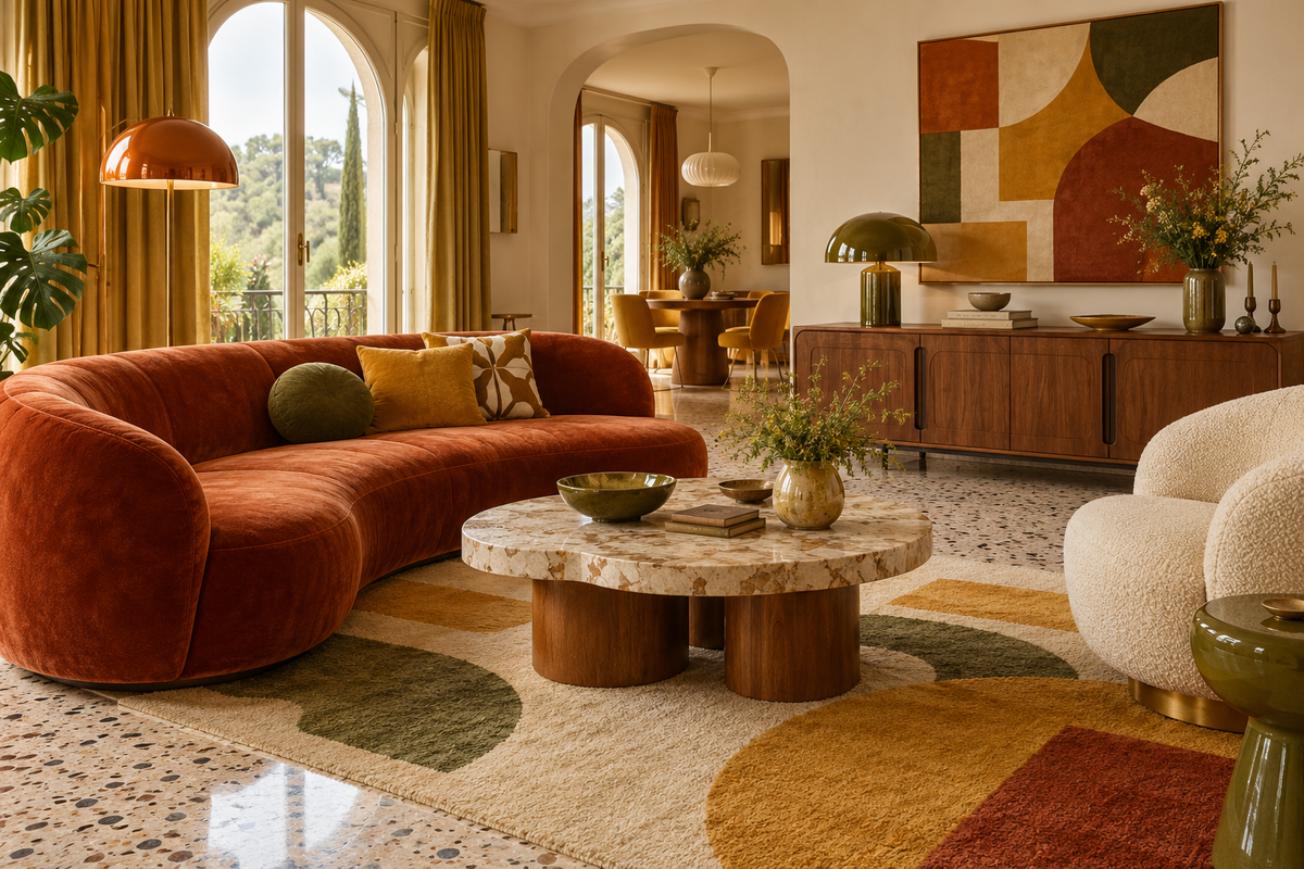 Salon vintage avec bois et terrazzo