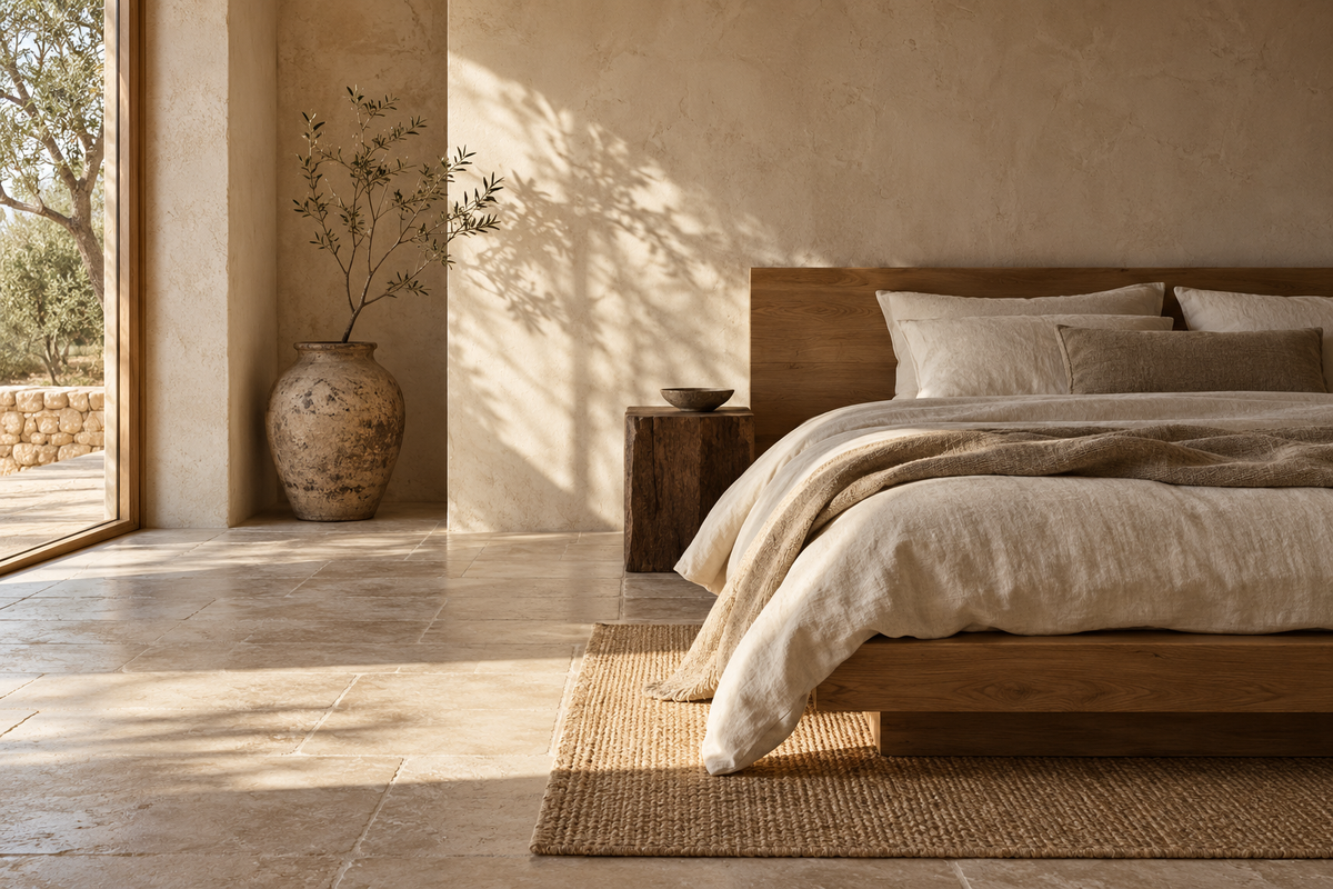 Chambre wabi-sabi avec sol minéral clair, linge de lit en lin et bois