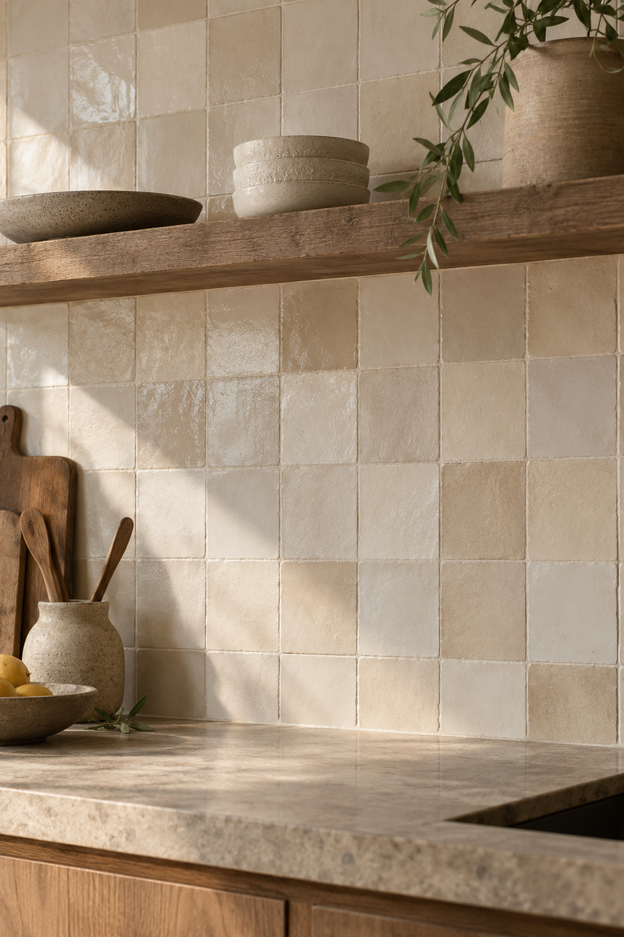 Carreaux effet artisanal aux nuances sable et ivoire