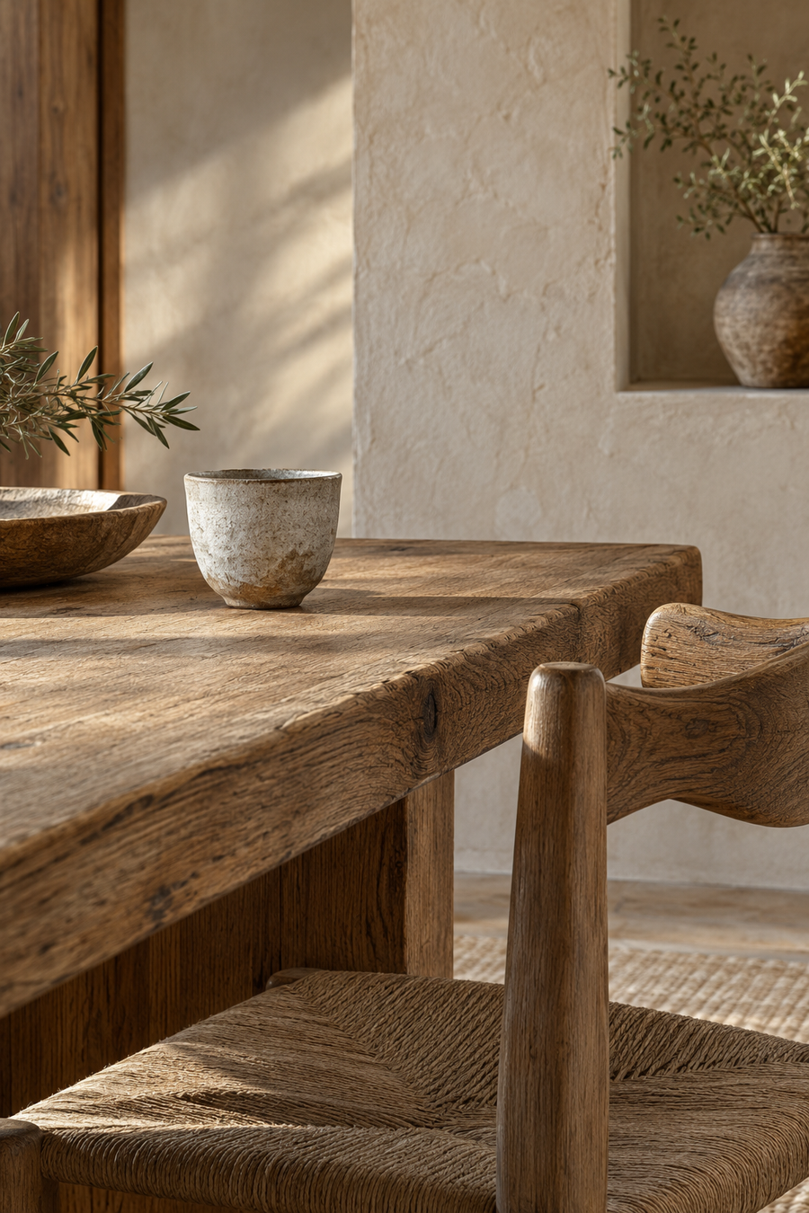 Bois patiné et enduit texturé dans un intérieur wabi-sabi