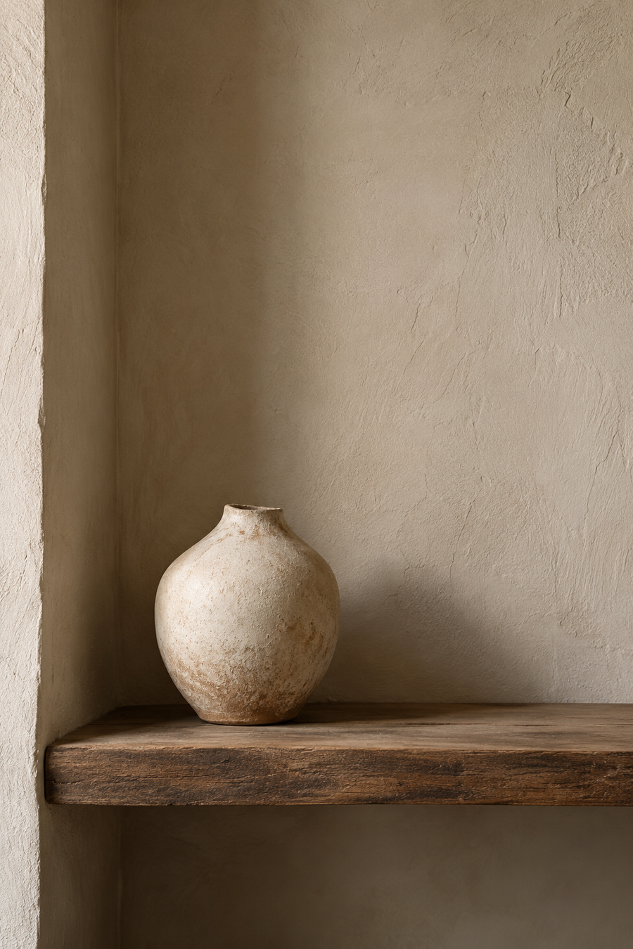 Niche épurée avec un vase en céramique dans un intérieur wabi-sabi