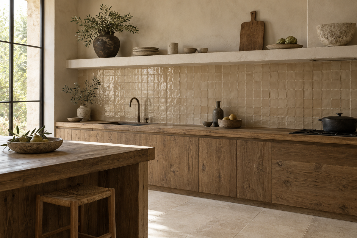 Cuisine wabi-sabi avec crédence effet zellige sable et bois naturel