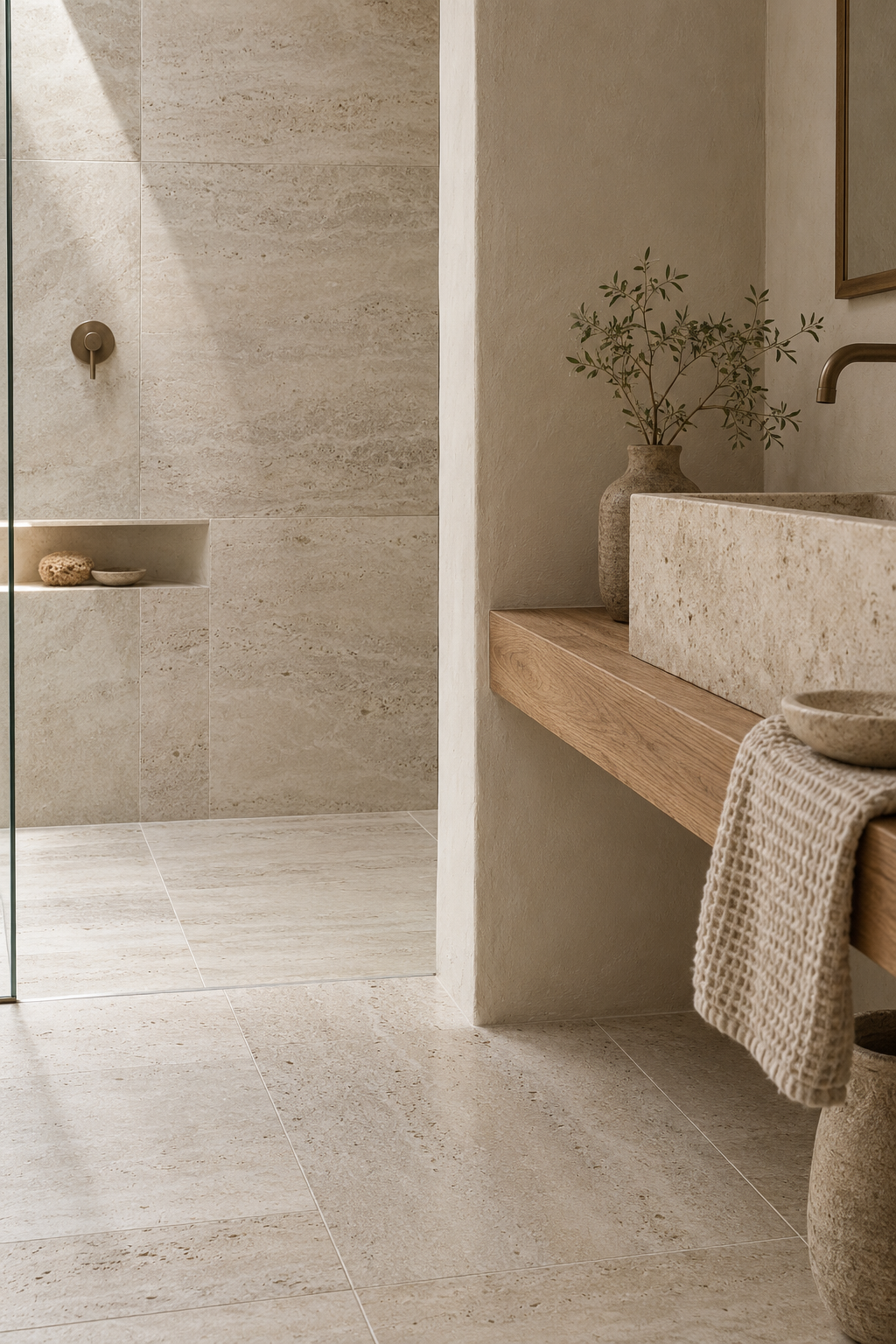 Carrelage effet travertin ivoire dans une salle de bains wabi-sabi