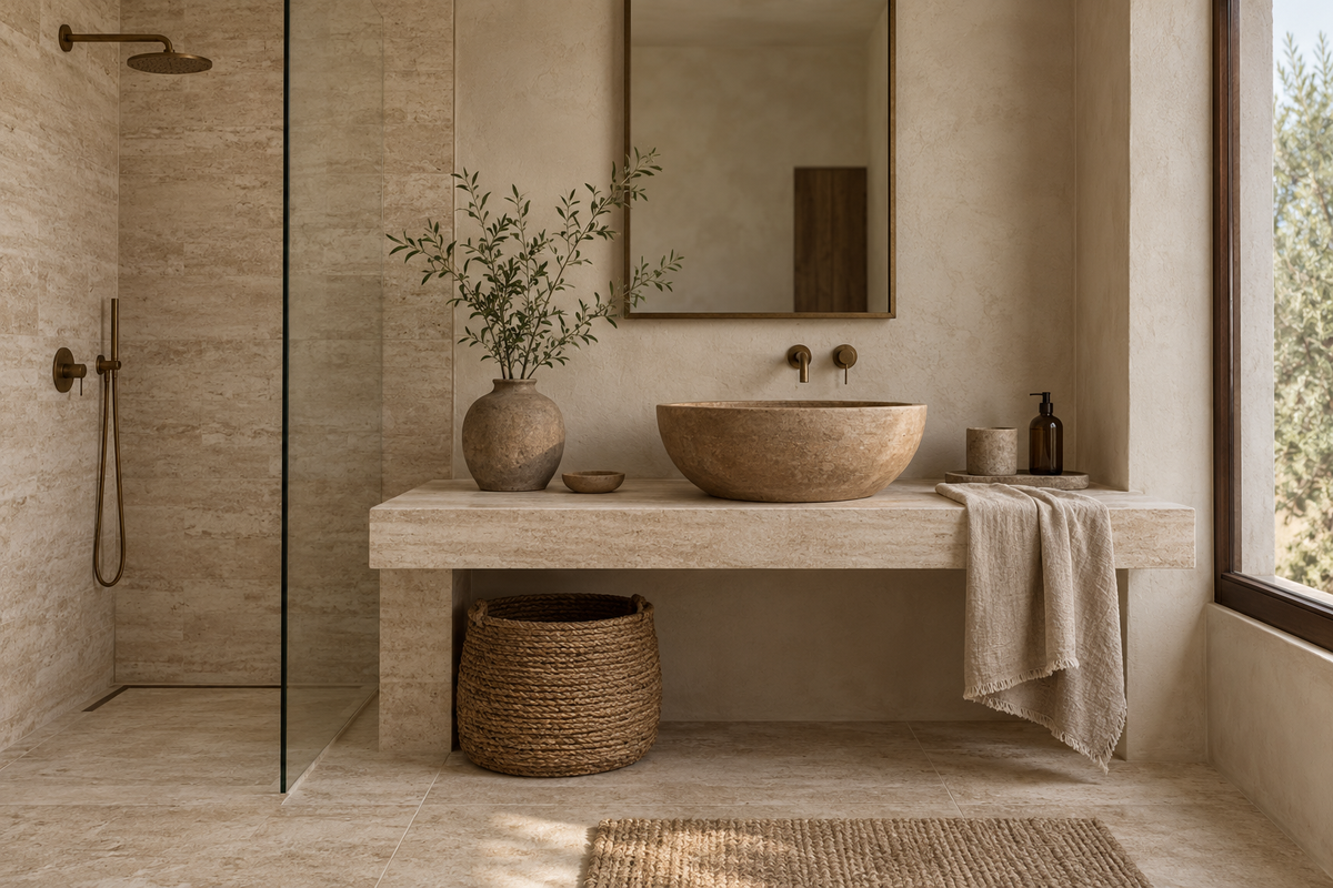 Salle de bains wabi-sabi avec carrelage effet travertin et vasque en céramique