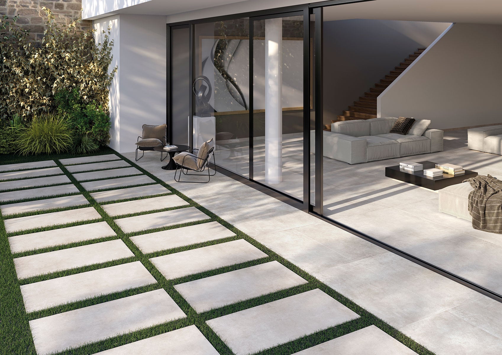 Dalle effet béton Continental White 2 cm 61x61 cm - mise en situation