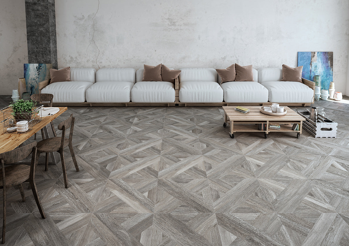 Carrelage effet bois Intarsio Grigio 61x61 cm - mise en situation
