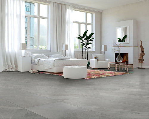 Carrelage extérieur effet pierre Slash Mid Grey antidérapant 61x122,2 cm - mise en situation